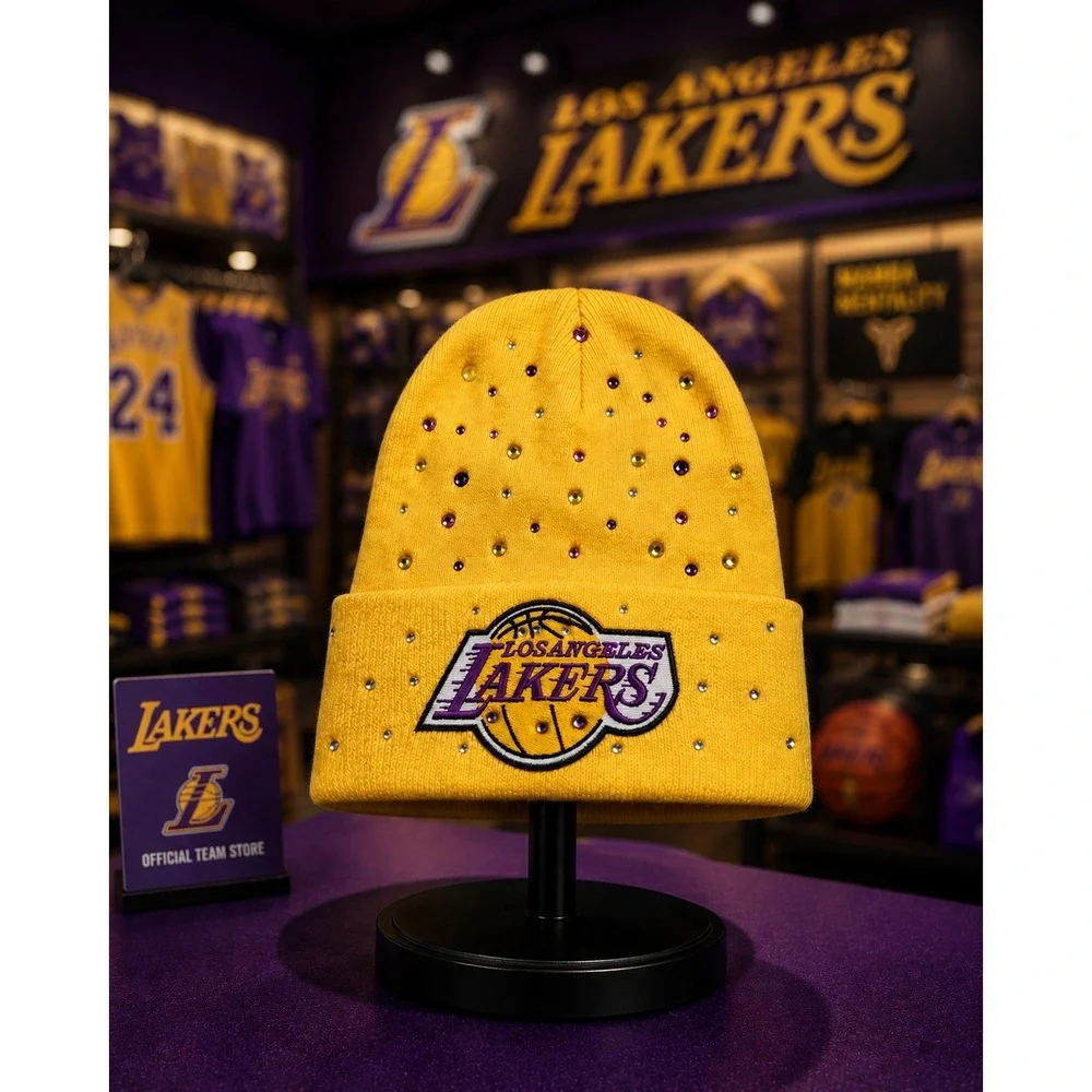Los Angeles Lakes Yellow Beanie design with logo‎ and rhinestones